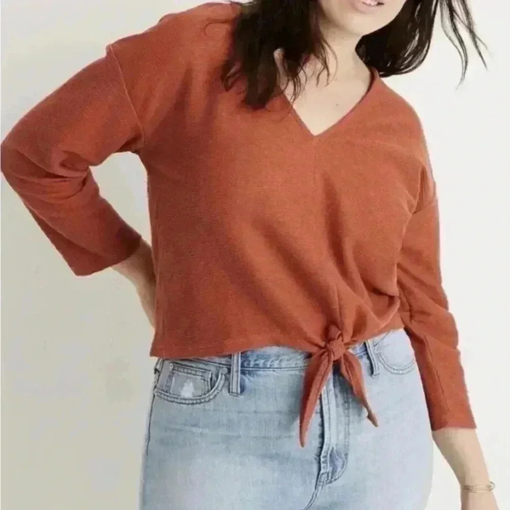 3/$30 Madewell‎ Texture & Thread Long-Sleeve Tie-Front Top Rust Ribbed Small